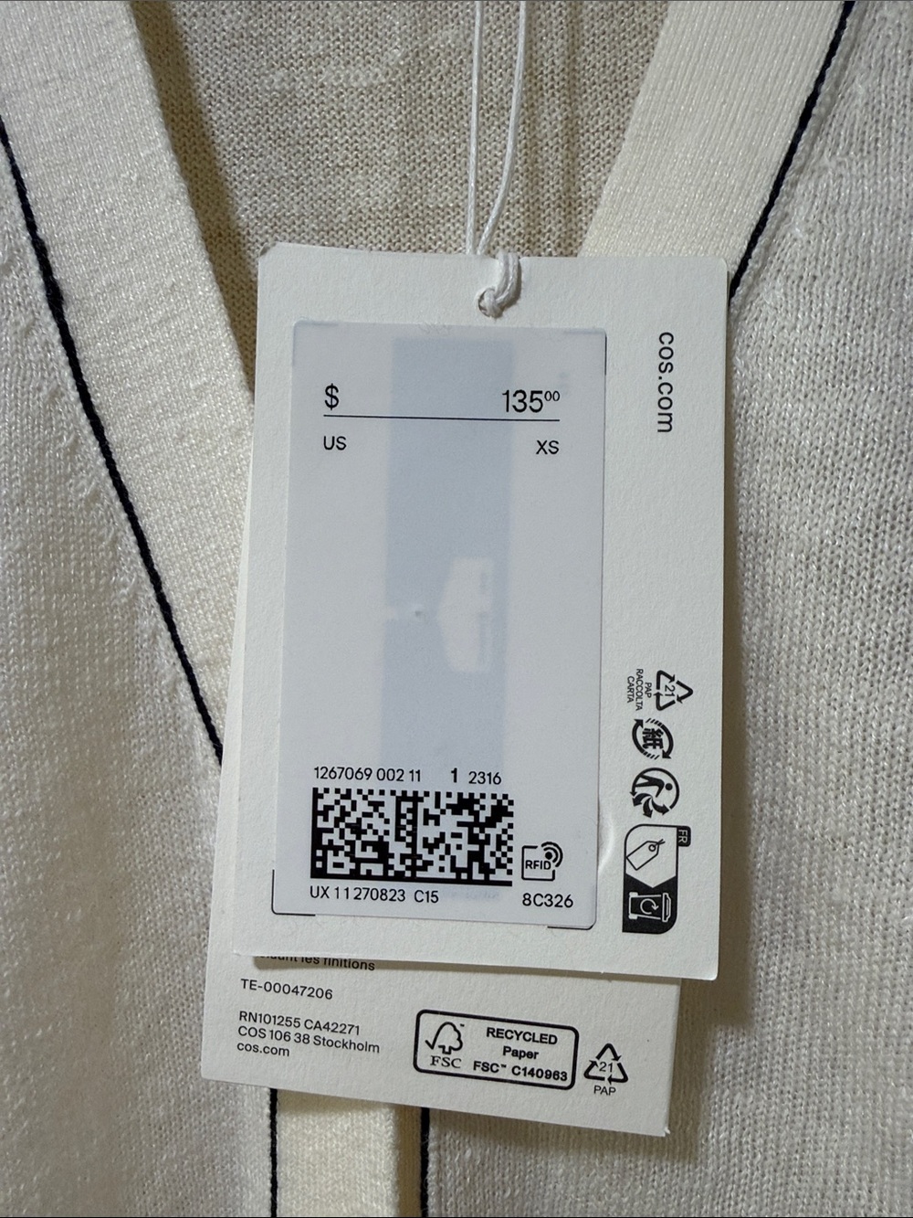 COS Cream V-Neck Cardigan with Contrast Piping - Picture 2 of 3